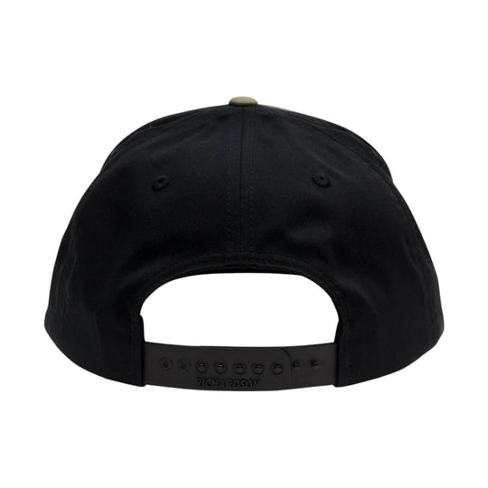 Black snapback trucker cap with adjustable back strap and tan top button
