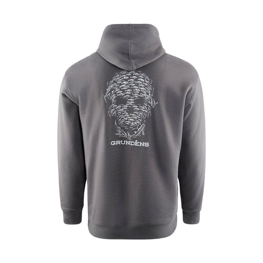 Gray hooded sweatshirt shown from the back with a school of fish graphic and the word GRUNDENS