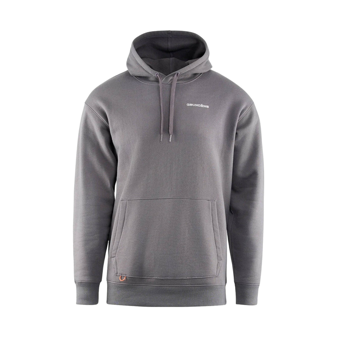 Gray pullover hoodie with kangaroo pocket, drawstring hood, and GRUNDENS logo on the chest