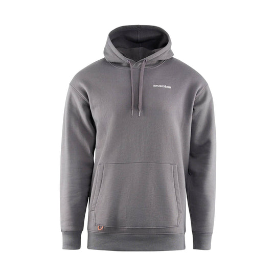 Gray pullover hoodie with kangaroo pocket, drawstring hood, and GRUNDENS logo on the chest
