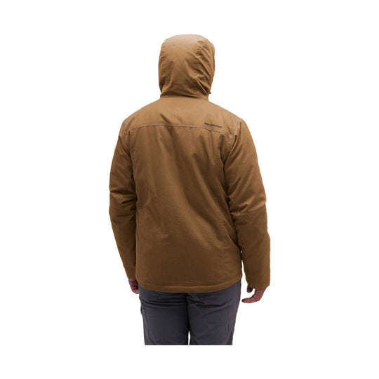 Brown hooded insulated jacket shown from the back