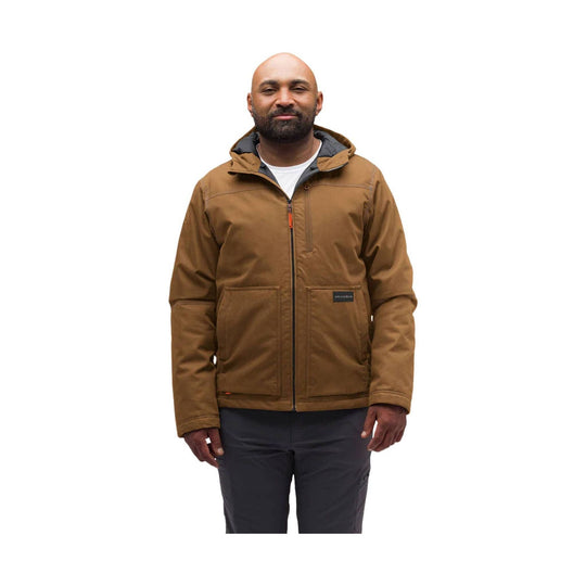 Brown hooded insulated jacket with front zipper, chest pocket, and large lower patch pockets