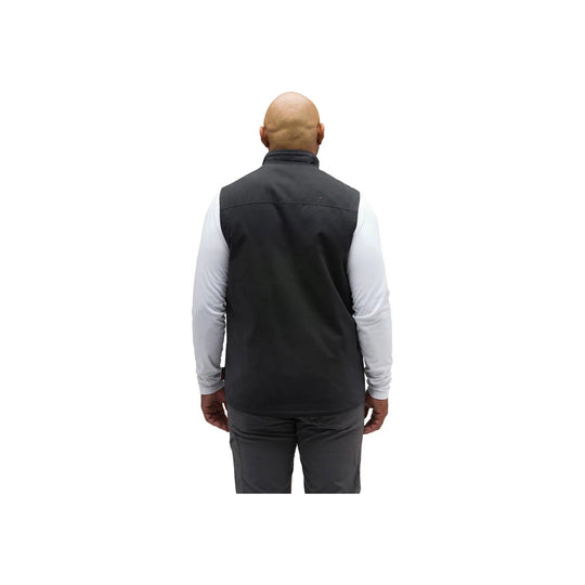 Black sleeveless vest worn over a white long-sleeve shirt, shown from the back