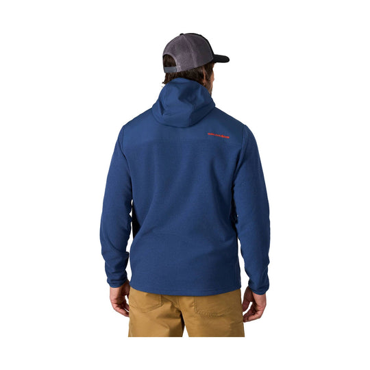 Blue hooded fleece pullover with orange GRUNDENS logo on the back