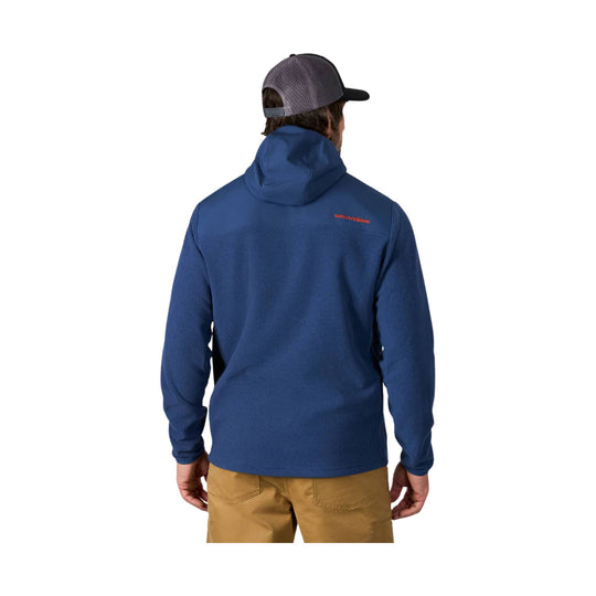 Blue hooded fleece pullover with a small GRUNDENS logo on the upper back