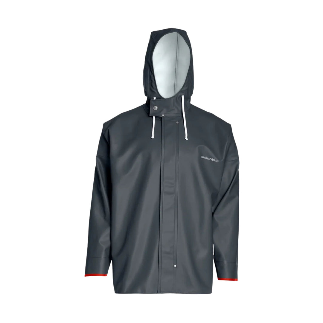 Dark gray hooded rain jacket with white drawstrings and a front zipper, shown from the front