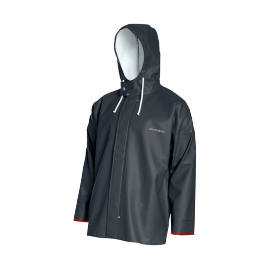 Dark hooded rain jacket with white drawstrings and front snap flap