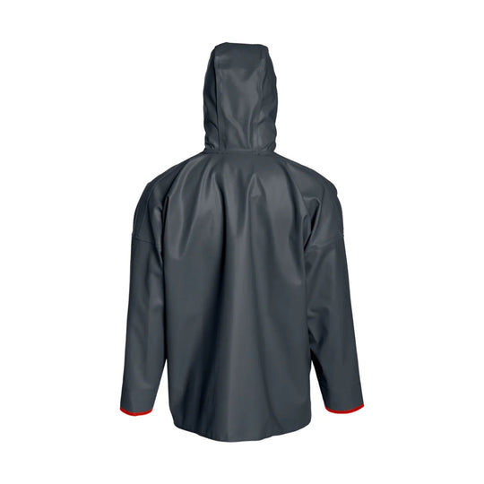Back view of a dark gray hooded rain jacket with red-trimmed cuffs