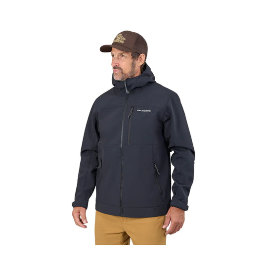 Dark hooded zip-up jacket with chest and zip pockets, shown on a model wearing a brown cap