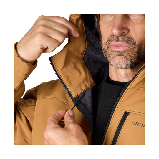 Tan hooded jacket with black zipper and black fleece lining, shown being zipped up