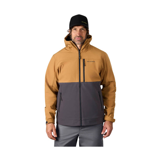 Tan and gray hooded zip-up jacket with chest and hand pockets, shown on a model wearing a black GRUNDENS cap