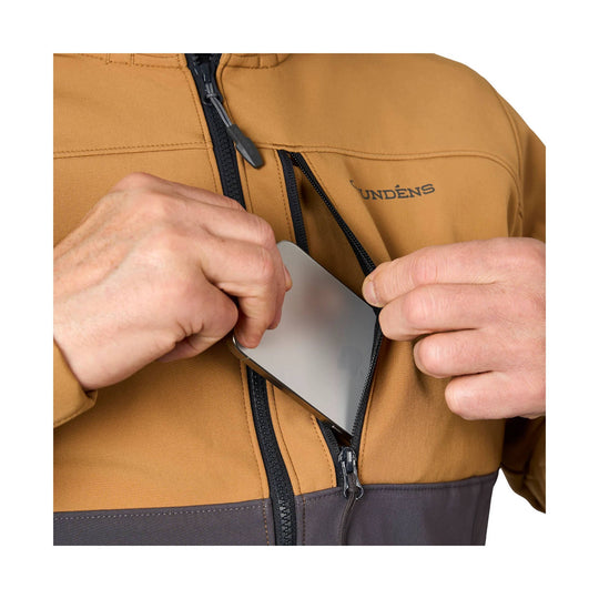 Tan and dark gray zip-up jacket with chest pocket, shown being opened to reveal an inner phone pocket