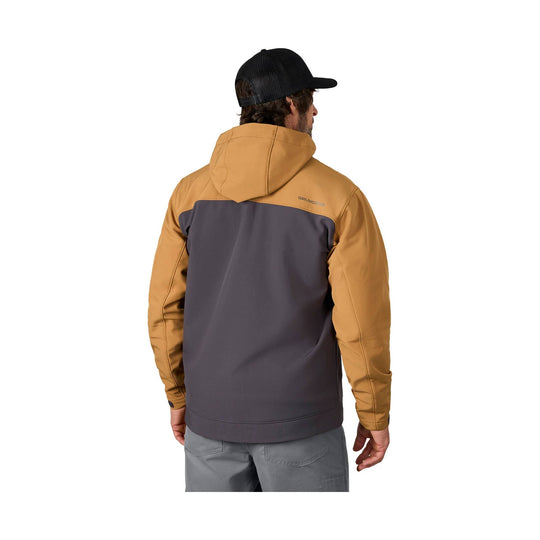 Two-tone hooded jacket with tan sleeves and hood, dark gray back, shown from the back