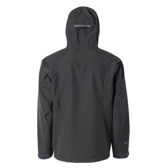 Black hooded rain jacket shown from the back with GRUNDENS text on the hood