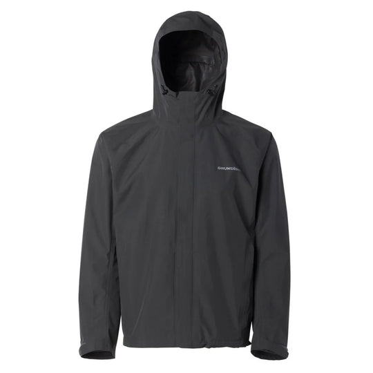 Black hooded rain jacket with front zipper and small chest logo