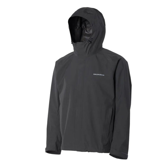 Black hooded rain jacket with a front logo and high collar