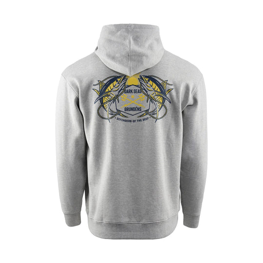 Gray pullover hoodie shown from the back with a fish graphic and printed text on the upper back.