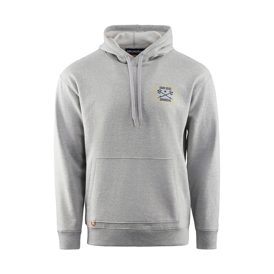 Light gray pullover hoodie with kangaroo pocket, drawstrings, and a small chest logo