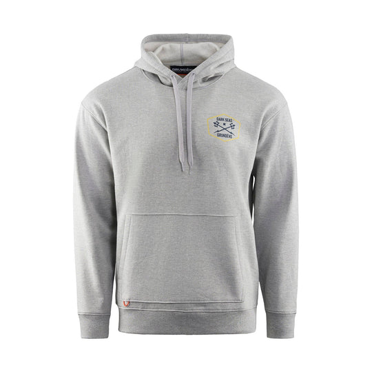 Light gray pullover hoodie with kangaroo pocket, drawstrings, and a small chest logo