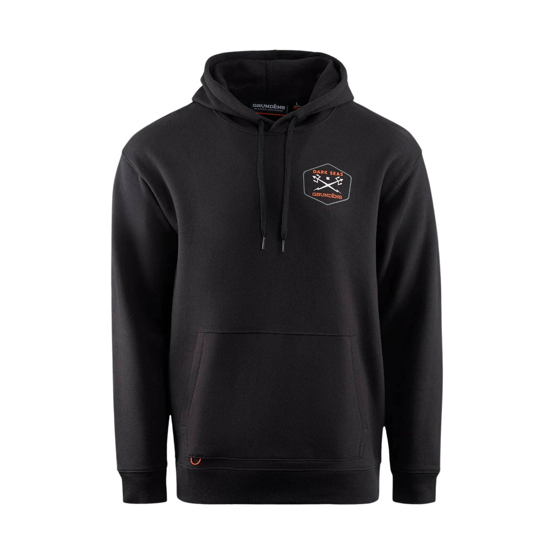 Black pullover hoodie with front pouch pocket, drawstring hood, and small chest logo patch