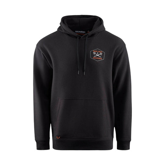 Black pullover hoodie with front pouch pocket, drawstring hood, and small chest logo patch