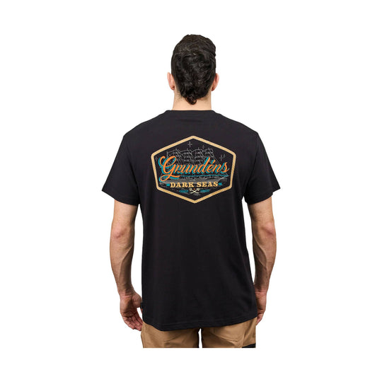 Black short-sleeve T-shirt shown from the back with a large multicolor graphic on the upper back