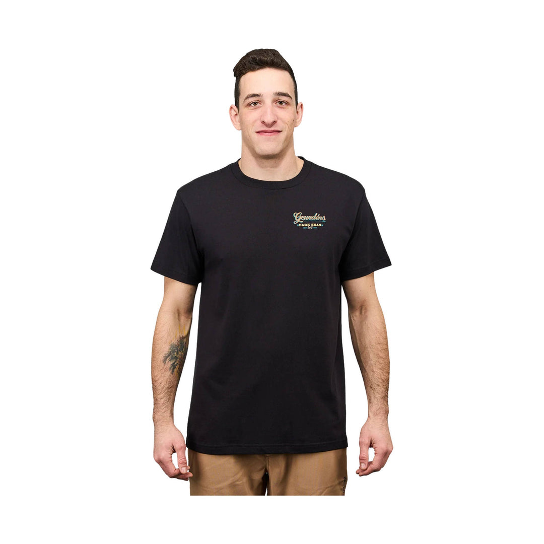 Black short-sleeve T-shirt with a small chest logo