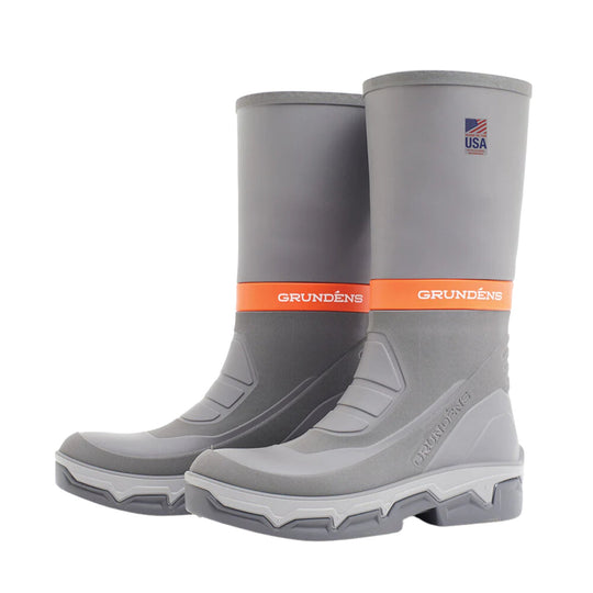 Pair of tall gray rubber fishing boots with orange GRUNDENS bands