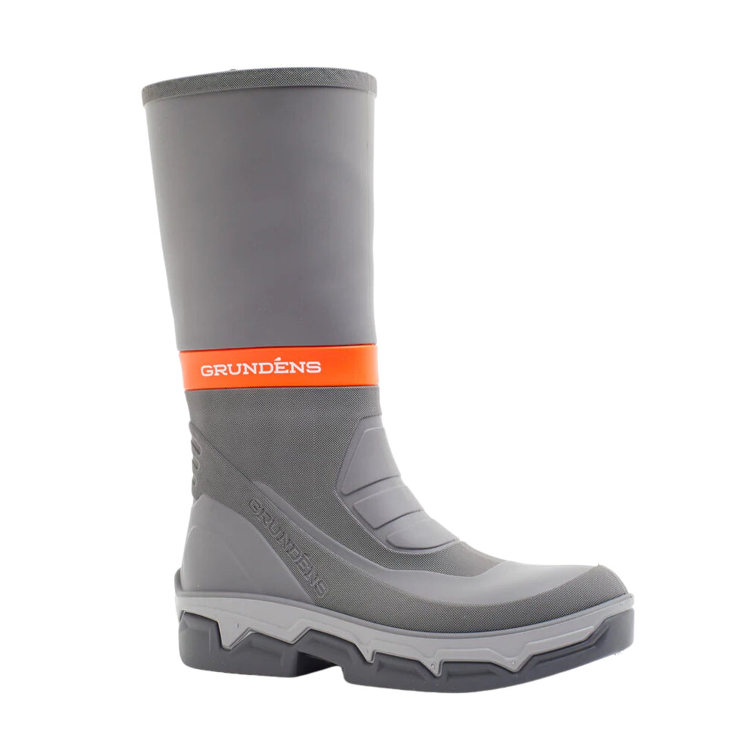 Gray tall rubber fishing boot with an orange logo band and black lug sole