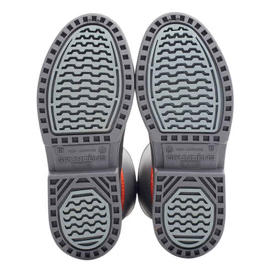 Pair of gray boot soles with black tread, showing GRUNDENS, NON-MARKING, and U.S.A. markings