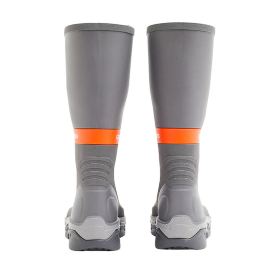 Pair of tall gray rubber fishing boots with orange bands and textured soles, shown from the back
