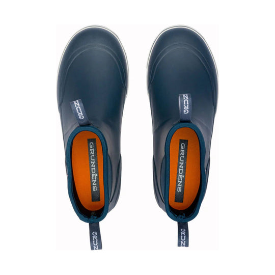 Pair of navy ankle boots with orange insoles, shown from above