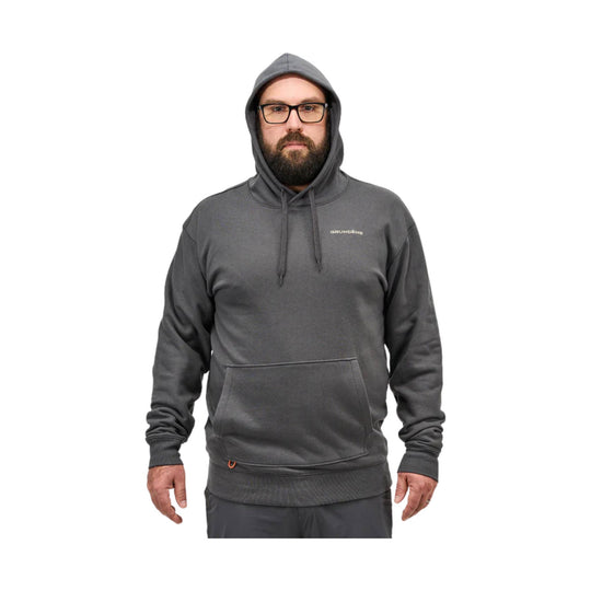 Charcoal gray hooded sweatshirt with front kangaroo pocket and drawstrings, shown on a man against a white background