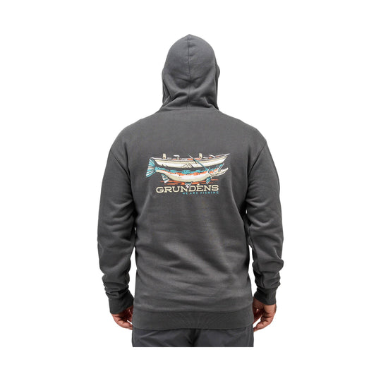 Dark gray hooded sweatshirt shown from the back with a fish-and-boat graphic and GRUNDENS WE ARE FISHING text