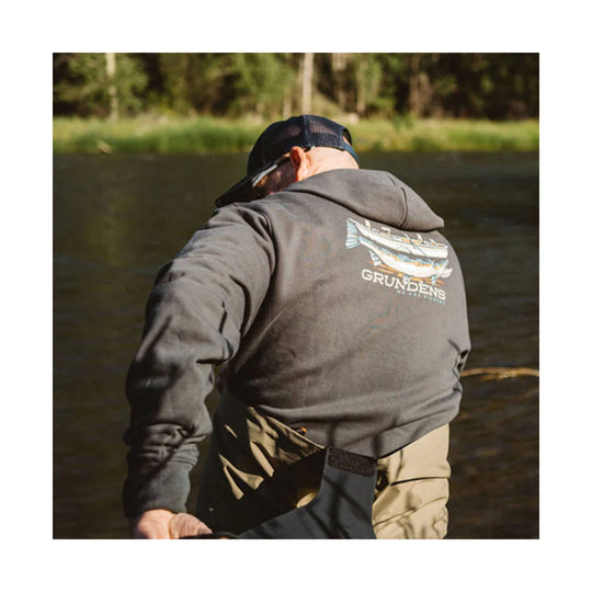 Charcoal hooded sweatshirt with a fish graphic and GRUNDENS logo on the back