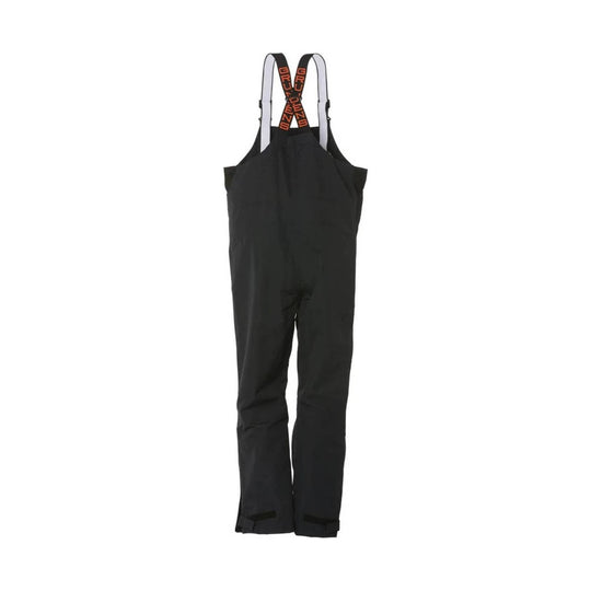 Black waterproof bib overalls with adjustable shoulder straps and cuff straps