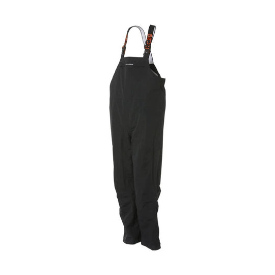 Black waterproof bib overalls with adjustable shoulder straps and orange logo text
