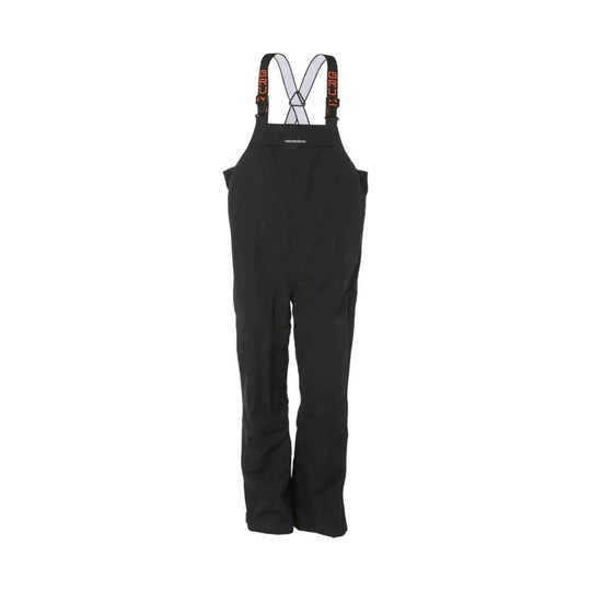 Black bib overalls with adjustable shoulder straps and orange lettering on the straps