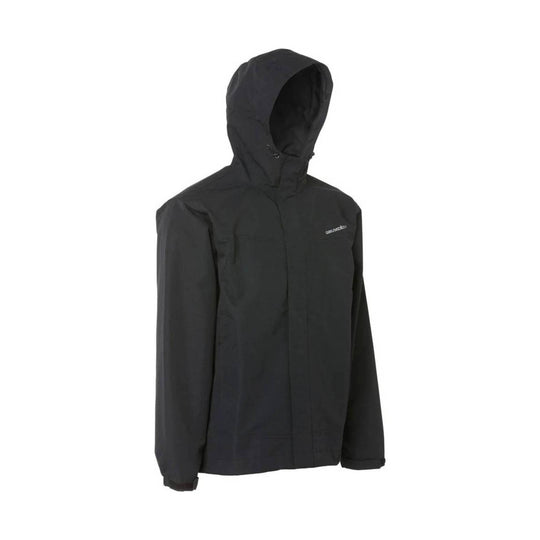 Black hooded rain jacket with front zipper and small chest logo