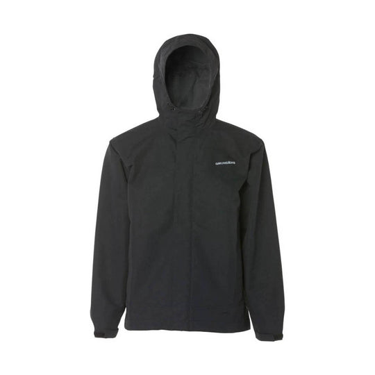 Black hooded zip-up jacket with a small chest logo