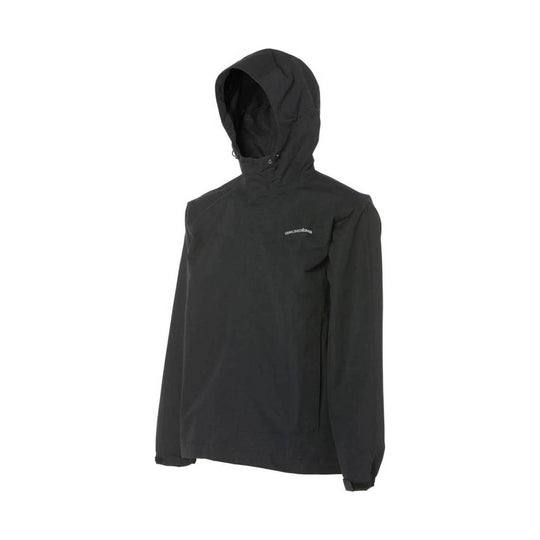 Black hooded pullover jacket with small chest logo and front pocket