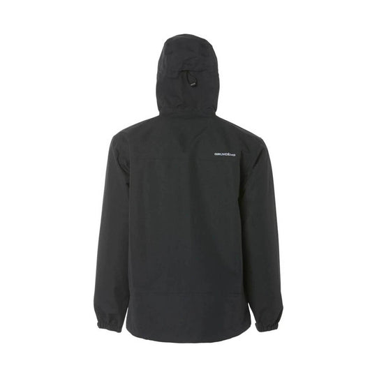 Black hooded pullover jacket with a small chest logo