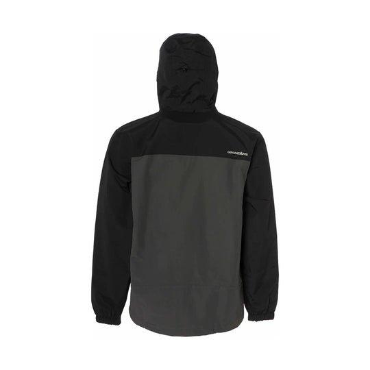 Black and dark gray hooded rain jacket with a small chest logo, shown from the back.