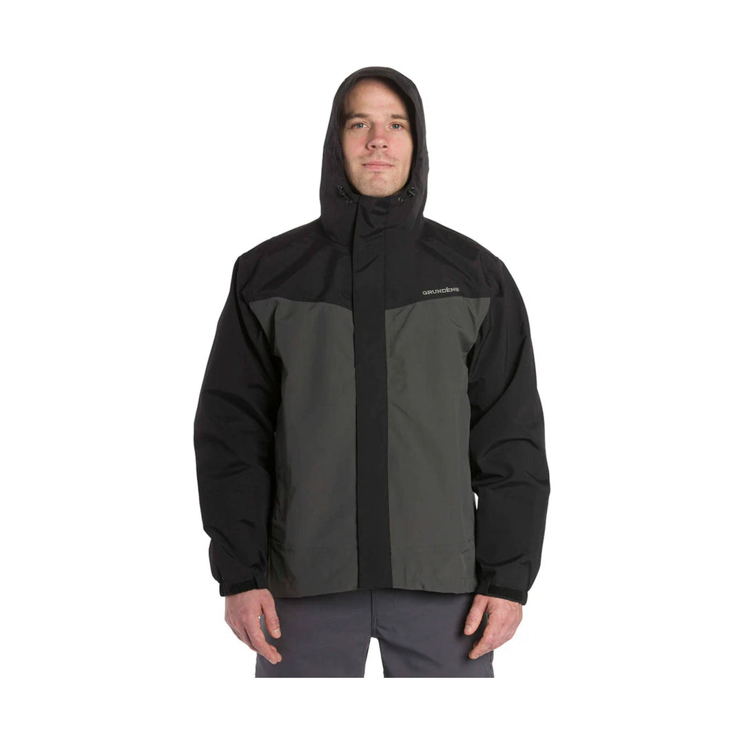 Black and gray hooded rain jacket with front zipper and chest logo
