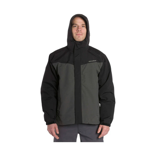 Black and gray hooded rain jacket with front zipper and chest logo