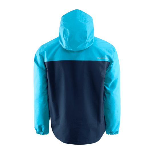 Two-tone hooded jacket with turquoise sleeves and hood, navy body, and small GRUNDENS logo on chest
