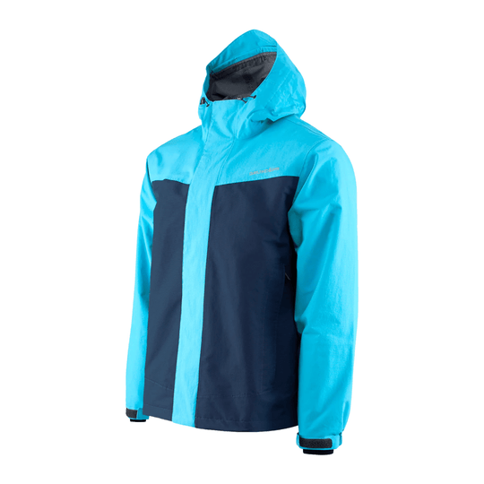 Blue and navy hooded waterproof jacket with a high collar and front zipper