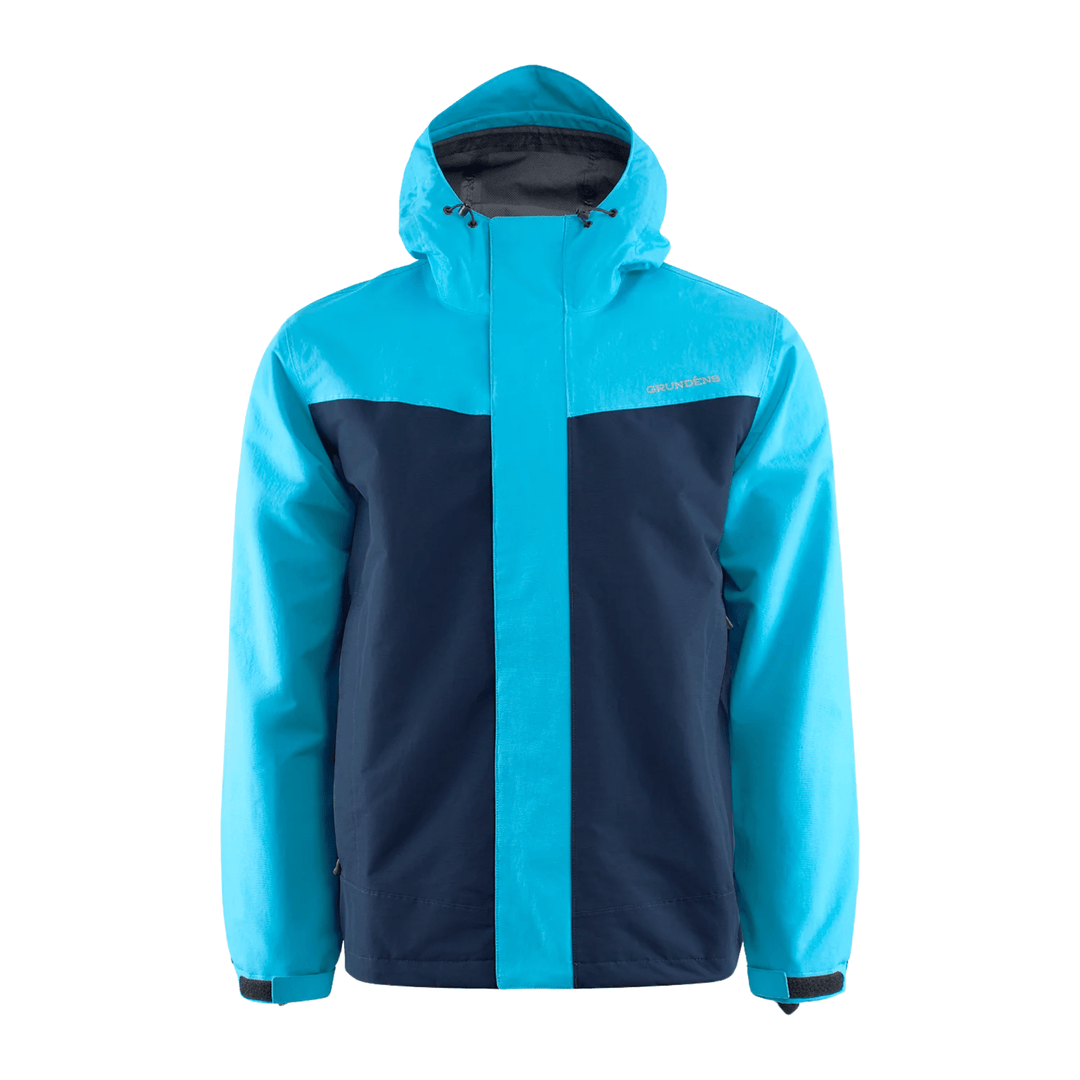 Two-tone hooded waterproof jacket with a navy body, bright blue sleeves and hood, and a vertical front storm flap