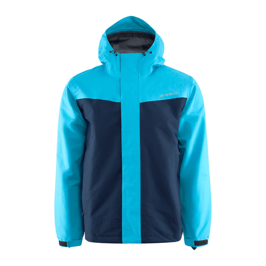 Two-tone hooded waterproof jacket with a navy body, bright blue sleeves and hood, and a vertical front storm flap