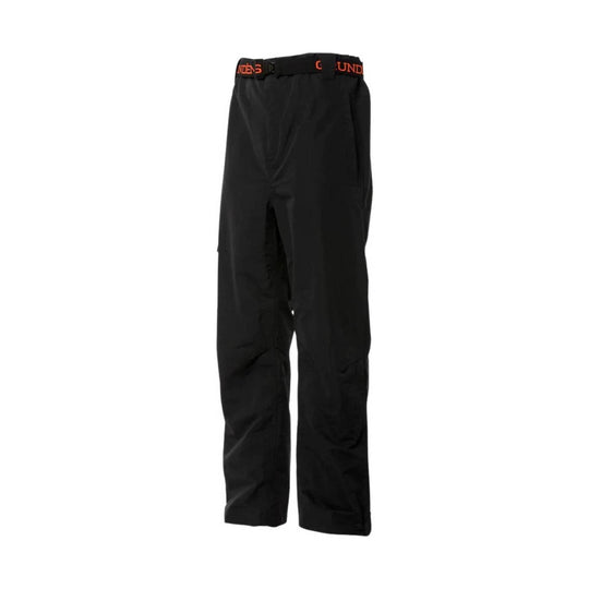 Black straight-leg pants with elastic waistband and orange logo text on the waistband